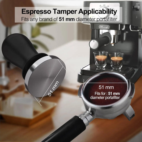 51mm Calibrated Espresso Tamper With Spring Loaded Mechanism, Weighted Hand Tamper for Home Baristas next to espresso machine
