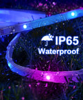 65.6 Ft Waterproof LED Strip Lights With Remote, SMD 5050 Color Changing, Music Sync, glowing on wet grass displaying IP65 mark