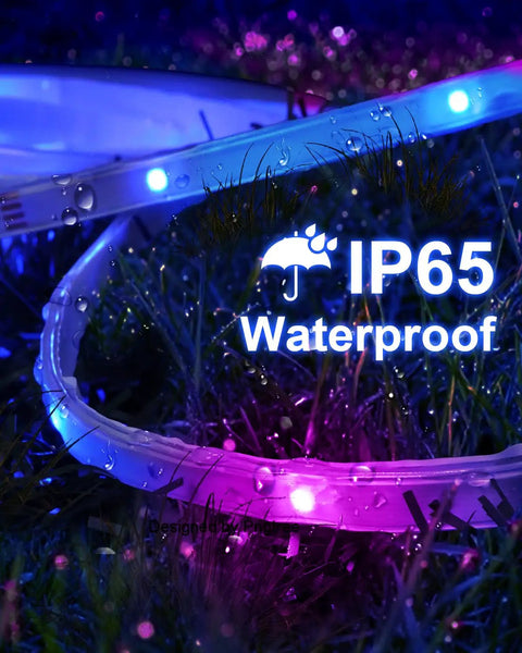 100ft Waterproof LED Strip Lights With Remote And App Control RGB SMD 5050 Color Changing Mood Lighting showing IP65 rating