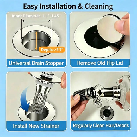Easy installation instructions for Universal Bathroom Sink Drain Stopper Pop Up Filter With 304 Stainless Steel Hair Catcher.