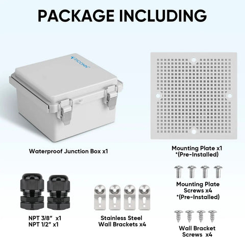 Waterproof Electrical Junction Box IP67 Enclosure in Off White ABS Plastic with Hinged Cover, Mounting Plate, Brackets, Cable Glands.