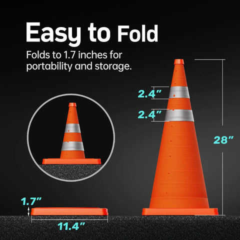 Two Pack 28 Inch Collapsible Traffic Safety Cones With Reflective Collar, showing full and folded views for easy storage.