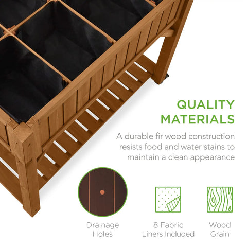 Elevated Eight Pocket Garden Bed With Locking Wheels showing wood grain, drainage holes, and built-in storage shelf, Acorn Brown