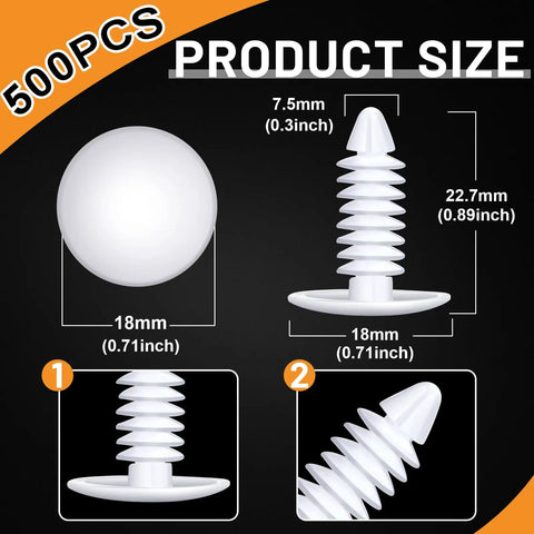 Top Notch Heavy Duty Christmas Fasteners And Vapor Barrier Clips In 1 Inch White showing sizes for 500 nylon clips and pins.