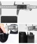 Replacement Wayne Dalton garage door bottom weather seal, black rubber, 16 ft length, shown with calipers.