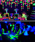 100W Outdoor Black Light for Glow Parties Halloween with illuminated decorations and glowing hand under UV blacklight