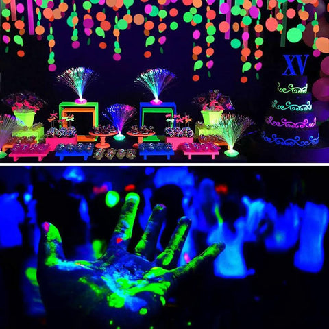 100W Outdoor Black Light for Glow Parties Halloween with illuminated decorations and glowing hand under UV blacklight