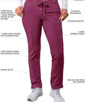 Snap Up These Super Comfy Women's Extended Drawstring Scrub Pants With Skinny Cargo Pockets  in wine, size large with 8 pockets and soft fabric.