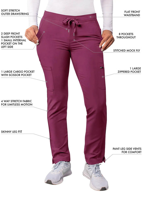 Snap Up These Super Comfy Women's Extended Drawstring Scrub Pants With Skinny Cargo Pockets  in wine, size large with 8 pockets and soft fabric.