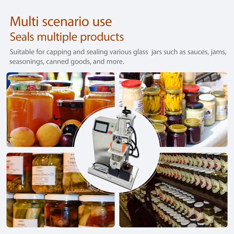 Dual Head Automatic Vacuum Capping Machine For Glass Jars Bottle Sealer With Quick Height Tweaks Smooth Touch Panel Grip Foot Switch For Secure Caps in use with sealed glass jars.