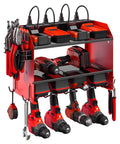 Heavy Duty Wall Mount Power Tool Organizer With Charging Station, Drill Storage Shelf With Hooks, Battery Holder And Built In 8 Outlet Power Strip, Garage Organizer Rack In Red, 1 Pack with tools and drills displayed.