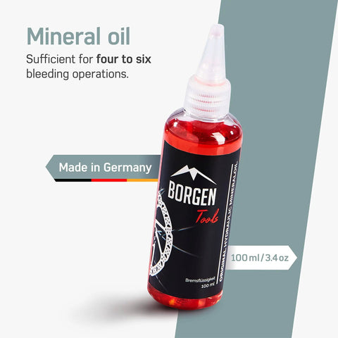 All In One Shimano Hydraulic Brake Bleed Kit For Disc Brakes With 100 Ml Mineral Oil bottle showing 3.4 oz label