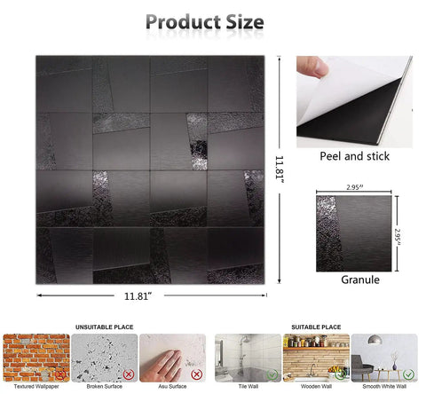Peel And Stick Metal Backsplash Tiles Self Adhesive Aluminum Mosaic 3D Wall Sticker, size 11.81 by 11.81 inches, brushed grey finish.