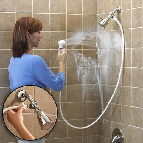 Woman using Snap N Spray Quick Connect Detachable Shower Hose With On Off Sprayer 6 Foot Flexible Hose for easy cleaning.