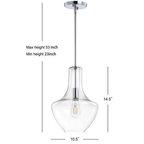 Chrome Mid Century Modern 10.5 Inch One Light LED Pendant Light Fixture With Adjustable Hanging Stem And Clear Glass Shade For Kitchen Island