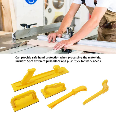 Carpenter using table saw with 5-Piece Woodworking Safety Push Block And Stick Set High Visibility Yellow ABS in foreground.