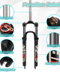 Image showing Dope MTB Front Suspension Fork With 100mm Travel For 26, 27.5, And 29 Inch Wheels, 28.6mm Straight Steerer, 9mm QR, Crown Lockout features.
