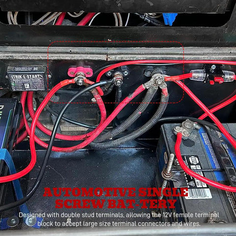 Dang Tough Single Stud Battery Junction Block For Cars And Boats Slick 12V Power And Ground Distribution Post with wires and terminals.