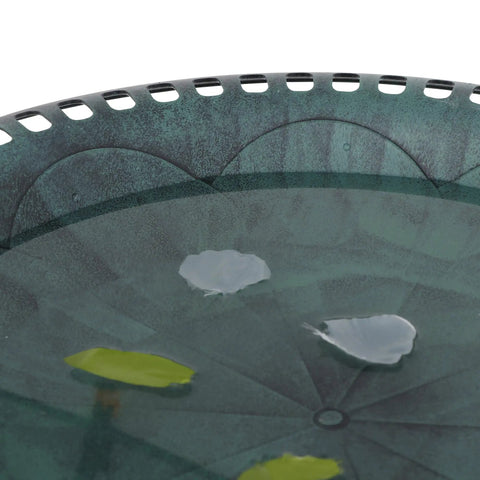 Close-up of Fleur De Lys accent bowl in 28 Inch Height Polyresin Bird Bath With Antique Verdigris Finish, green weather-resistant