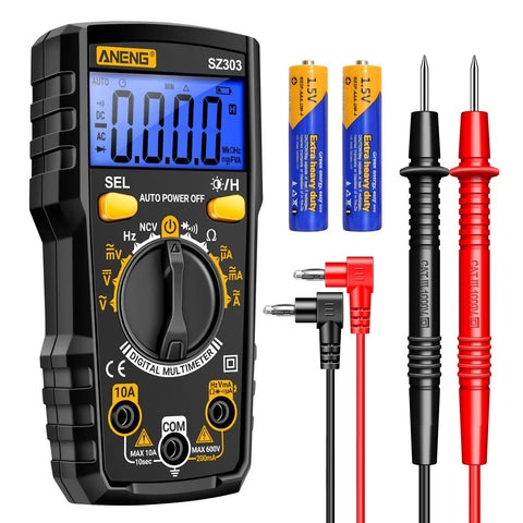 All In One DIY Friendly Digital Multimeter Tester With Ohm Volt And Amp Measurements, probes, batteries, black casing