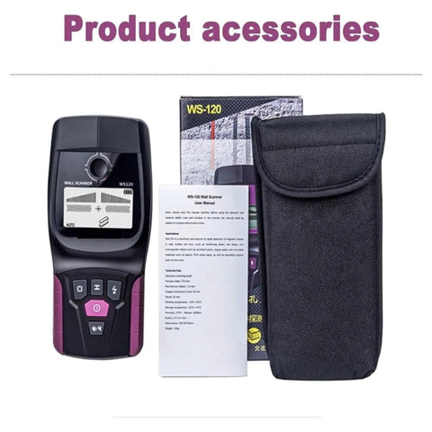 Stud Finder Wall Scanner - Multifunctional Metal and Pipe Detector with user manual, carrying case, and product box.