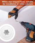 Heavy Duty White Cabinet Screws Bulk Pack Number Nine By One Three Quarter Inches Wood Fasteners For House Makeovers And Furniture Builds Approximately Two Forty Pieces showing star-shaped head being installed.