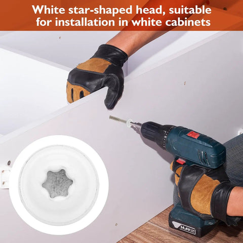 Heavy Duty White Cabinet Screws Bulk Pack Number Nine By One Three Quarter Inches Wood Fasteners For House Makeovers And Furniture Builds Approximately Two Forty Pieces showing star-shaped head being installed.