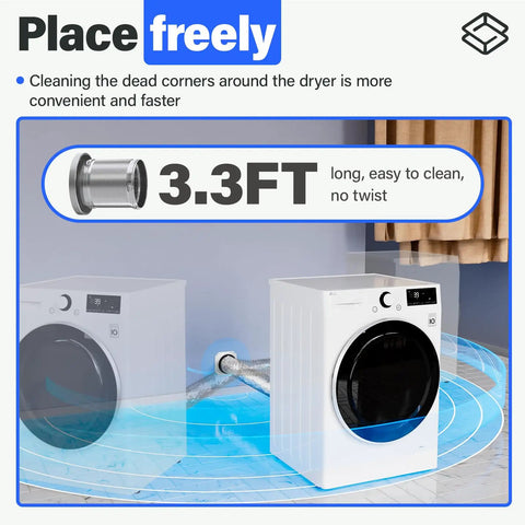 Laundry room with Magnetic Dryer Vent Connector Kit MV 180 attached to dryer, highlighting 3.3 ft hose for easy placement.
