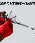 Top Shelf Wire Pulling Grips Set Includes Two Galvanized Steel Cable Puller Socks For Effortless Light Or Heavy Wire Fishing Rustproof Construction With Rock Solid Jaw Design To Lock Cables Down On Every Job Site Pull, showing use on a 1/2" and 3/4" diameter wire.