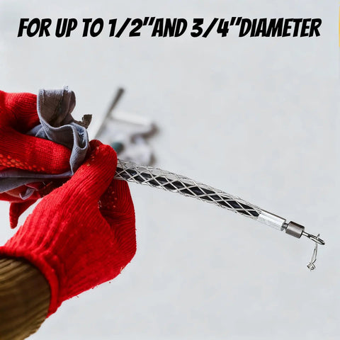 Top Shelf Wire Pulling Grips Set Includes Two Galvanized Steel Cable Puller Socks For Effortless Light Or Heavy Wire Fishing Rustproof Construction With Rock Solid Jaw Design To Lock Cables Down On Every Job Site Pull, showing use on a 1/2" and 3/4" diameter wire.