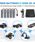 Five Pack 3.7 Volt 2000mAh LiPo Battery With Five In One Charger for RC cars and trucks, including charger and vehicles.
