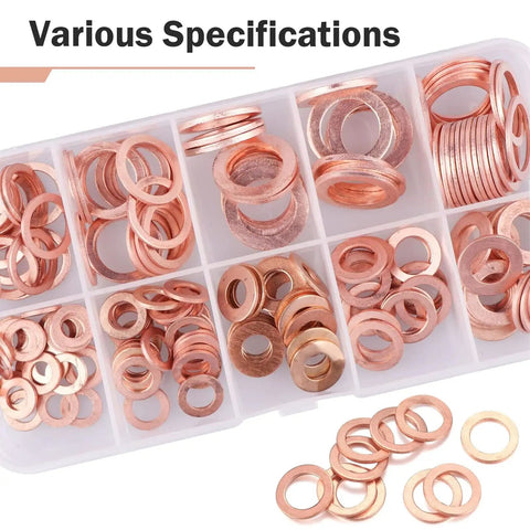 Copper Crush Metric Washers Kit 200 Pcs Sealing Flat Ring Set For M5 M6 M8 M10 M12 M14 in organizer box