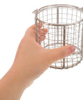 Healeved Stainless Steel Fine Mesh Cleaning Basket With Swinging Handle For Jewelry Watch Parts And Ultrasonic Cleaning In Industrial Lab Applications Precision Filtering Solution held in hand.