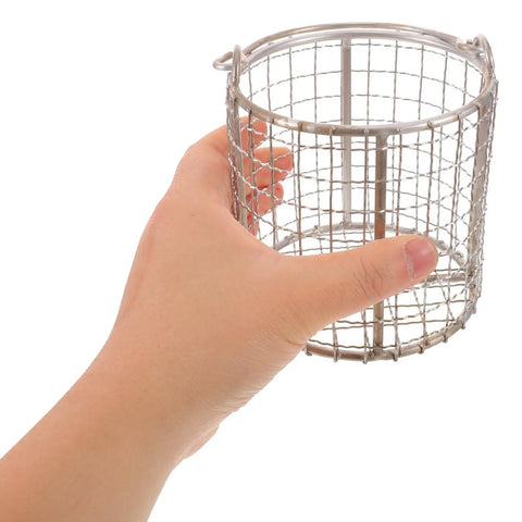 Healeved Stainless Steel Fine Mesh Cleaning Basket With Swinging Handle For Jewelry Watch Parts And Ultrasonic Cleaning In Industrial Lab Applications Precision Filtering Solution held in hand.