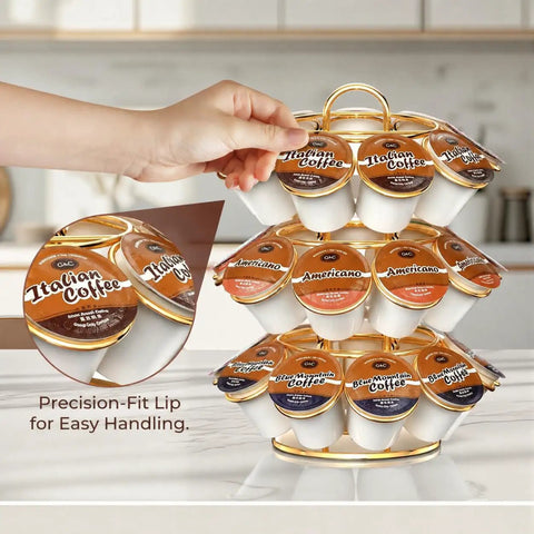 Rotating K Cup Carousel Holder 3 Tier Organizer that Fits 27 K Cups Spins 360 Degrees Anti Slip Base No Assembly Gold Finish