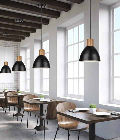 Industrial Hammered Metal Pendant Light Fixture, 10 Inch Adjustable Hanging Lamp With Black Shade in modern cafe setting
