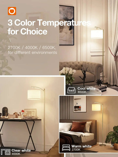 Brass Gold Floor Lamp With Linen Beige Shade, 3CCT 3000K 4500K 6500K Adjustable Color Temperature, 9W LED Included in living spaces