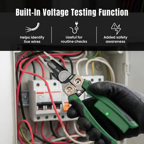 8 In 1 Wire Stripper And Do It All Multi Tool Pliers With Built In Voltage Tester Cutter And Crimp Tool shown in use with wires