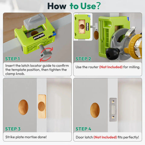 Step-by-step guide for Door Latch Mortise Template Kit With Non Marking Clamp And Precision Depth Gauge Router Jig.