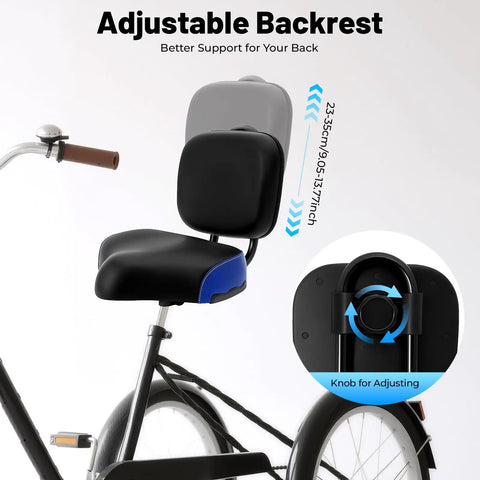Comfy Tricycle Seat Cushion With Backrest For Bikes And E Bikes All Day Ride Padded PU Saddle With Back Support Wide Durable Bike Seat For Trikes Beach Bikes And Electric Ride Ons, adjustable backrest 23-35cm