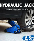 Beefy 2.5 Ton Mini Hydraulic Floor Jack lifting car, showing heavy-duty steel build from low-profile sedans to lifted trucks.