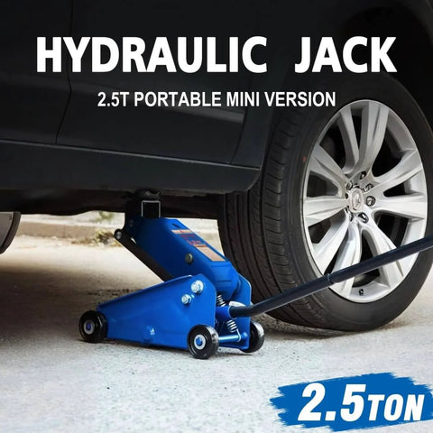 Beefy 2.5 Ton Mini Hydraulic Floor Jack lifting car, showing heavy-duty steel build from low-profile sedans to lifted trucks.