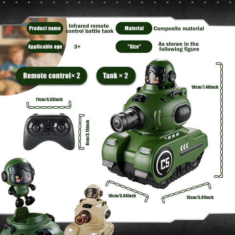 Green RC battle tank and remote from the 2 Pack Infrared RC Battle Tanks With Realistic Sound Effects, Remote Control Tank Set For Kids Ages 6 To 12, Indoor Or Backyard Battle, Safe IR System, Includes HP Station, Epic Gift For Christmas Birthday Or Easter.