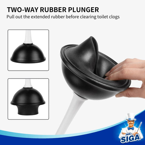 Heavy Duty 2 In 1 Toilet Plunger And Bowl Brush Combo For Deep Bathroom Cleaning, Black rubber plunger with white handle for clogs.