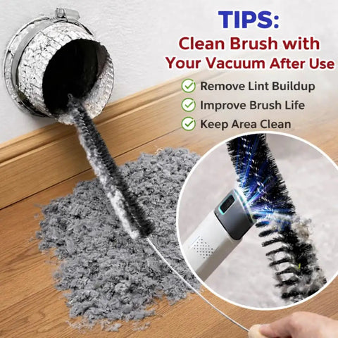 Dryer Vent Cleaning Kit With Flexible Lint Brush for deep home cleaning, shown with lint buildup removal demonstration and vacuum tip.