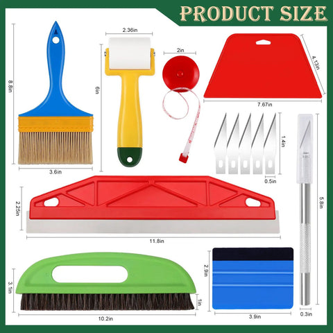 Wallpaper Smoothing Tools Kit With Squeegee Smoother Seam Roller And Brush Pro Grade For Peel And Stick Hanging Contact Paper Vinyl Application And Wall Tile Installation featuring multiple tools and dimensions.