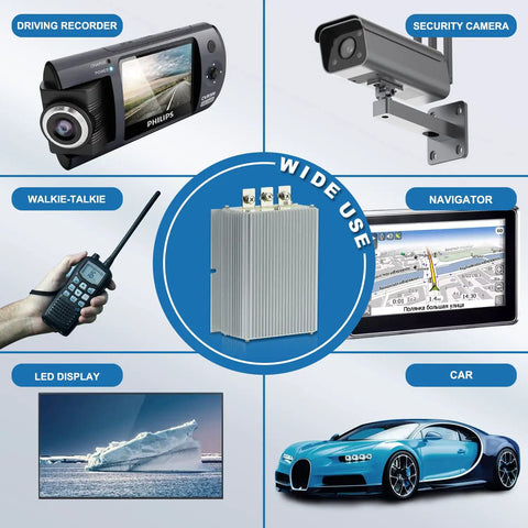 Beefy 60A 720W DC 12V Voltage Reducer for Golf Carts and Trucks, shown with various compatible devices like cameras and displays.