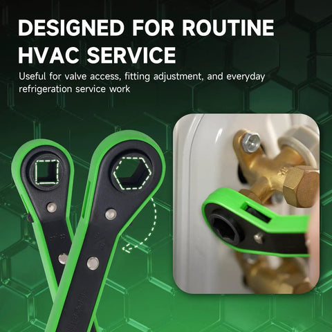 Pro Grade Heavy Duty HVAC Service Wrench Set with Refrigeration Ratcheting Wrenches shown in use on valve fitting
