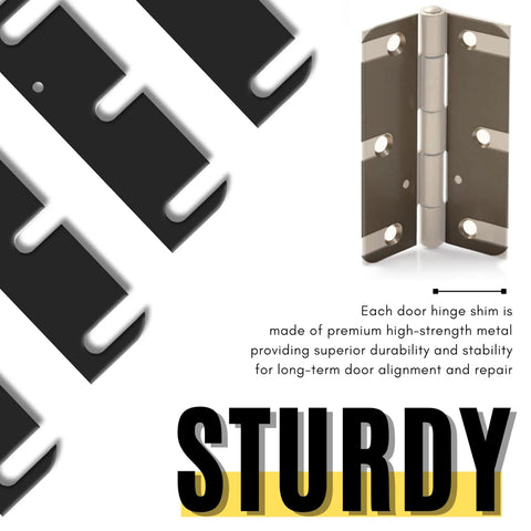 12 Pack Door Hinge Shims 1/32 inch thick metal C Slot shown with hinge for fixing sagging doors and uneven gaps, sturdy design.