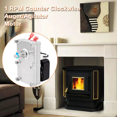 PU-047040 Auger Motor 1 RPM Counter Clockwise, replacement part for Englander 25-PDVC 55-SHP10 pellet stoves, shown by fireplace
